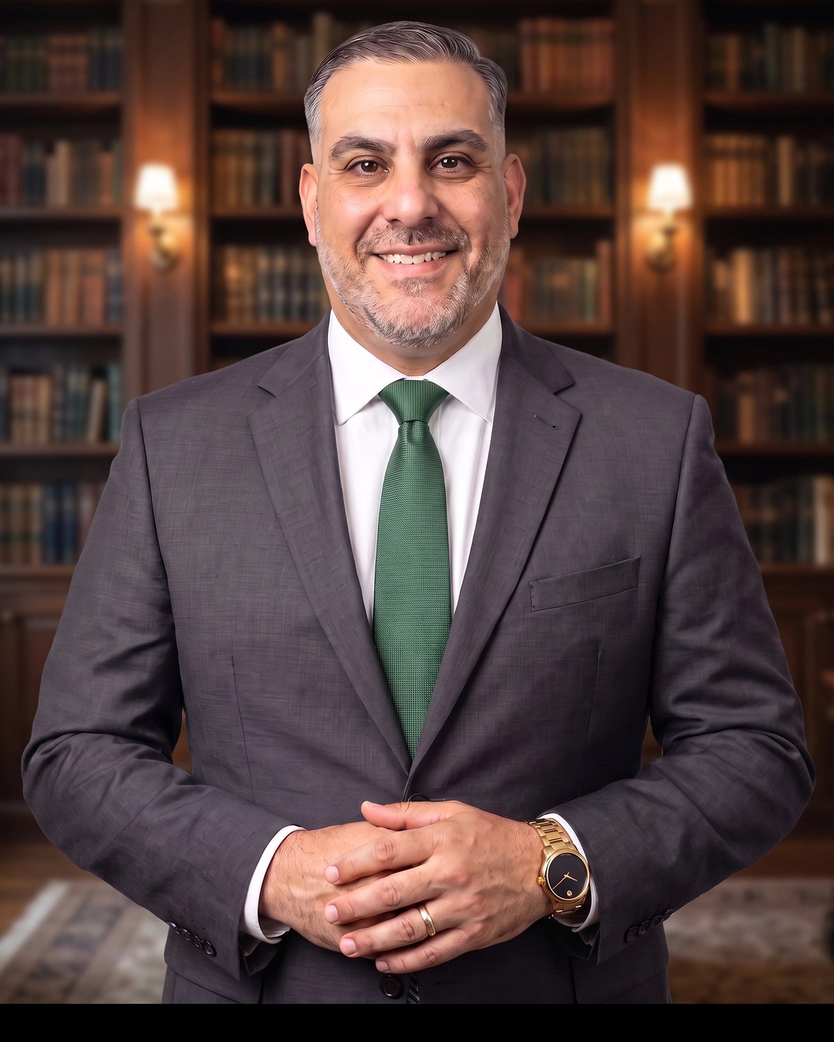 Dr. Kareem Tannous, portrait in a charcoal-grey suit with a green tie, standing before a private-library bookshelf, gold band and Movado watch visible.